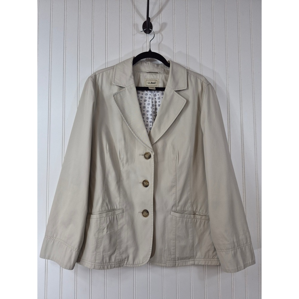 LL Bean Women Khaki Tan 100% Cotton Blazer Jacket Floral Lining Size 18W Casual